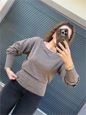 Çizgili Kayık Yaka Triko Bluz Kahverengi