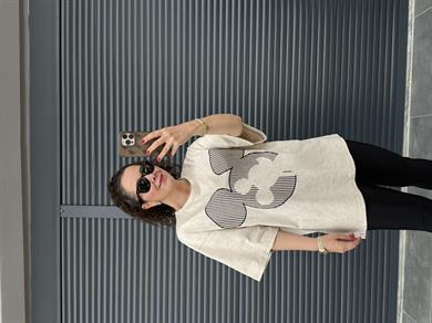 Çizgili Mickey Eskitme Oversize T-shirt