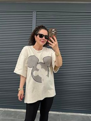 Çizgili Mickey Eskitme Oversize T-shirt