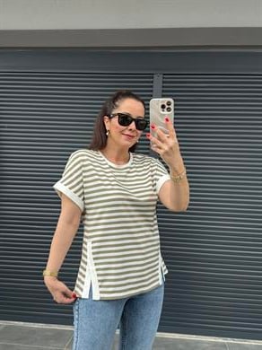 Çizgili Yırtmaç Detaylı İthal T-shirt Haki