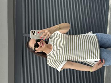 Çizgili Yırtmaç Detaylı İthal T-shirt Haki