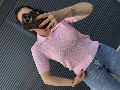 Dilvin Ajurlu Polo Yaka Bluz Pembe