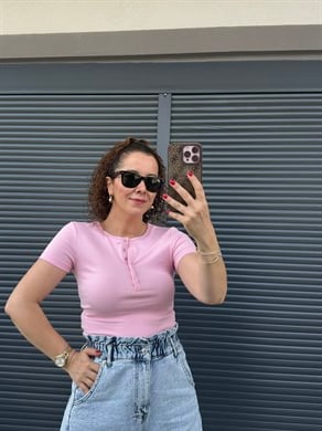 Dilvin Önü Düğmeli Kısa Kollu Bluz Pembe