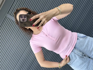 Dilvin Önü Düğmeli Kısa Kollu Bluz Pembe