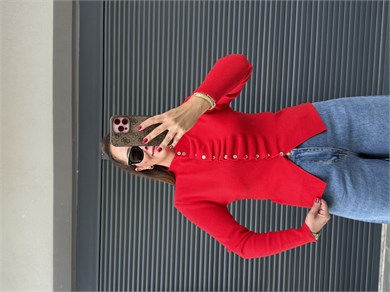 Düğmeli Fırfır Detaylı Elit Triko Kırmızı