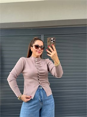Düğmeli Fırfır Detaylı Elit Triko Vizon