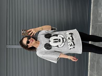 Eskitme Mickey Oversize T-shirt Gri