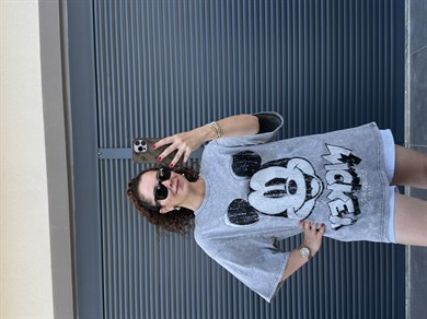 Eskitme Mickey Oversize T-shirt Gri