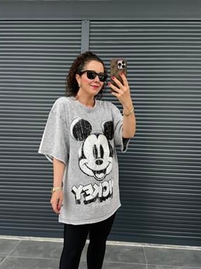 Eskitme Mickey Oversize T-shirt Gri
