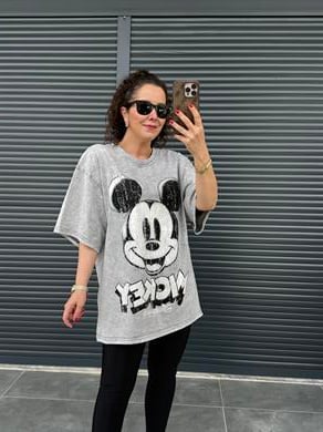 Eskitme Mickey Oversize T-shirt Gri
