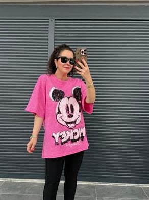 Eskitme Mickey Oversize T-shirt Pembe