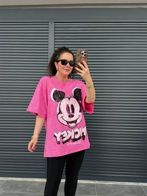 Eskitme Mickey Oversize T-shirt Pembe