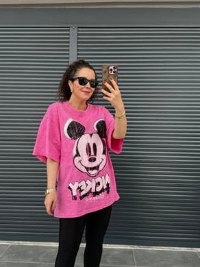 Eskitme Mickey Oversize T-shirt Pembe