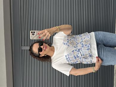 Etnik Desenli Tasarım T-shirt Mavi