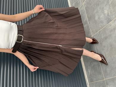 Fermuar Detaylı Kemerli Midi Boy Etek Acı Kahve