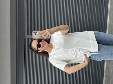 Fermuarlı Cep Detaylı Tasarım T-shirt Ekru