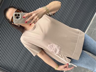 Fermuarlı Cep Detaylı Tasarım T-shirt Vizon 