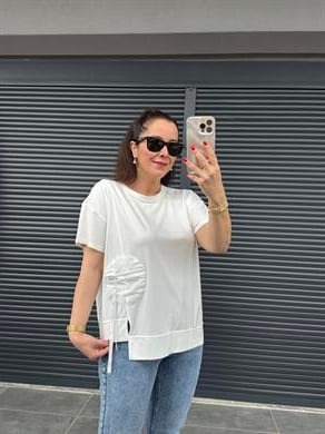 Fermuarlı Cep Detaylı Tasarım T-shirt Ekru