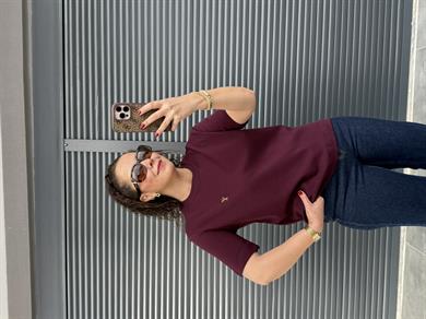 Gold Kalp Armalı Basıc T-shirt Mürdüm