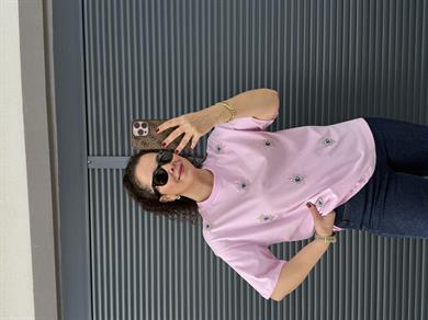 Göz Nakışlı İncili T-Shirt Pembe