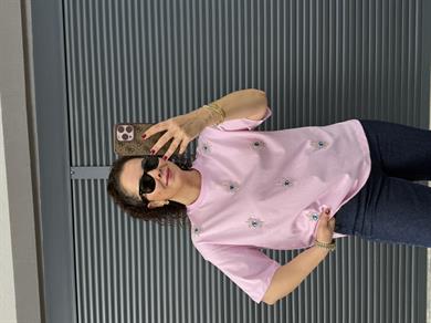Göz Nakışlı İncili T-Shirt Pembe
