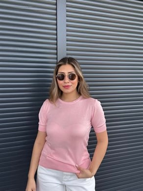 İnce Triko  Kısa Kollu Bluz Pembe
