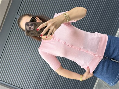 İnce Triko Önü Düğmeli Bluz Pembe 