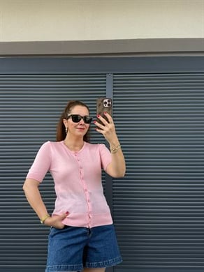İnce Triko Önü Düğmeli Bluz Pembe 