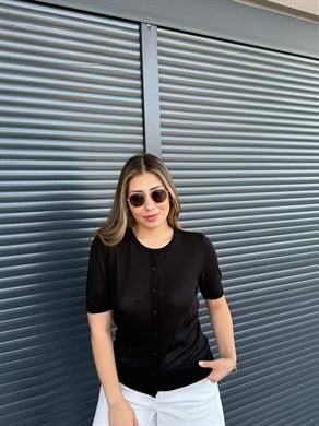 İnce Triko Önü Düğmeli Bluz Siyah