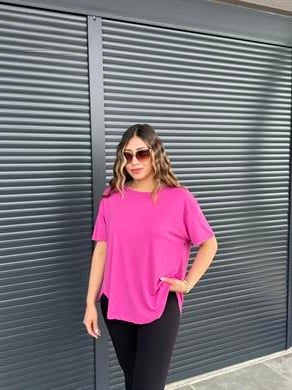 İthal Modal Sırt Pile Detaylı Basic  T-Shirt Fuşya