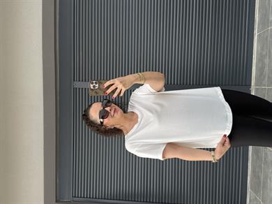 İthal Modal Sırt Pile Detaylı Basic  T-Shirt Beyaz