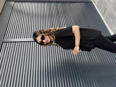 İthal Modal Sırt Pile Detaylı Basic  T-Shirt Siyah