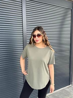 İthal Modal Sırt Pile Detaylı Basic  T-Shirt Haki