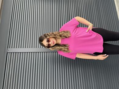İthal Modal Sırt Pile Detaylı Basic  T-Shirt Fuşya