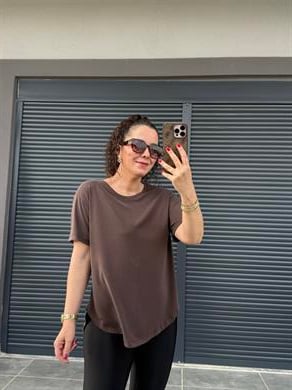İthal Modal Sırt Pile Detaylı Basic  T-Shirt Kahverengi