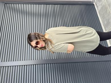 İthal Modal Sırt Pile Detaylı Basic  T-Shirt Haki