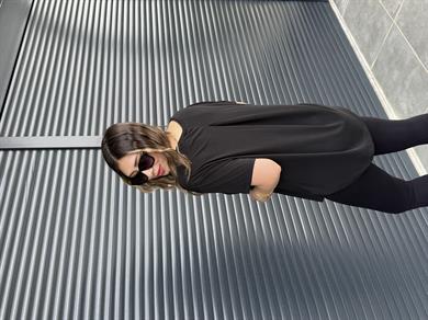 İthal Modal Sırt Pile Detaylı Basic  T-Shirt Siyah