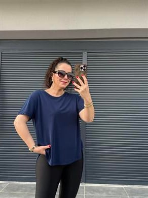 İthal Modal Sırt Pile Detaylı Basic  T-Shirt Lacivert