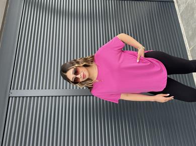 İthal Modal Sırt Pile Detaylı Basic  T-Shirt Fuşya