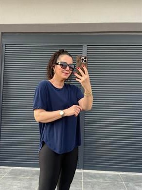 İthal Modal Sırt Pile Detaylı Basic  T-Shirt Lacivert