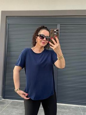 İthal Modal Sırt Pile Detaylı Basic  T-Shirt Lacivert