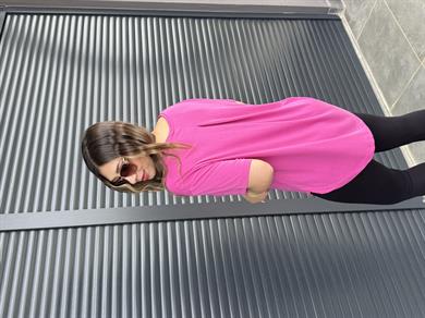 İthal Modal Sırt Pile Detaylı Basic  T-Shirt Fuşya