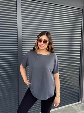 İthal Modal Sırt Pile Detaylı Basic  T-Shirt Antrasit