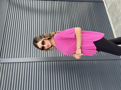 İthal Modal Sırt Pile Detaylı Basic  T-Shirt Fuşya