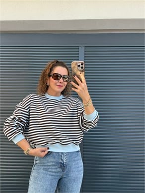 Kahve Çizgili Sweat Bebe Mavi