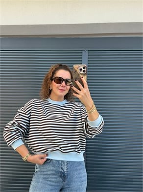 Kahve Çizgili Sweat Bebe Mavi