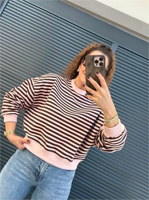 Kahve Çizgili Sweat Pembe