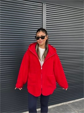 Kanguru Cepli Fermuarlı Polar Sweat Kırmızı 
