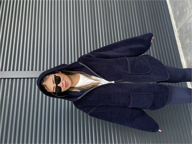 Kanguru Cepli Fermuarlı Polar Sweat Lacivert