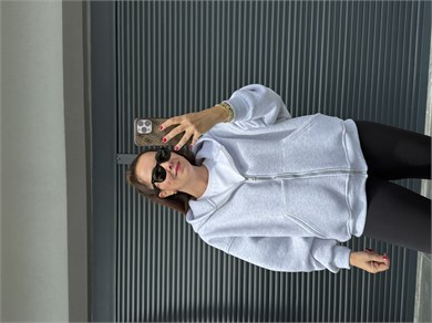 Kapşonlu Fermuarlı Sweat Gri